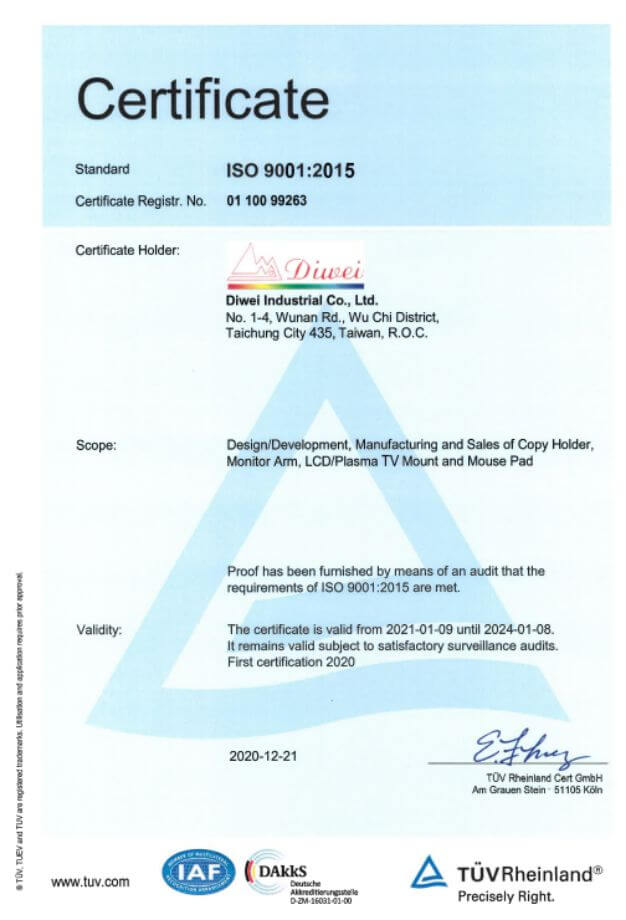 ISO 9001-2015 certificate obtained by Diwei